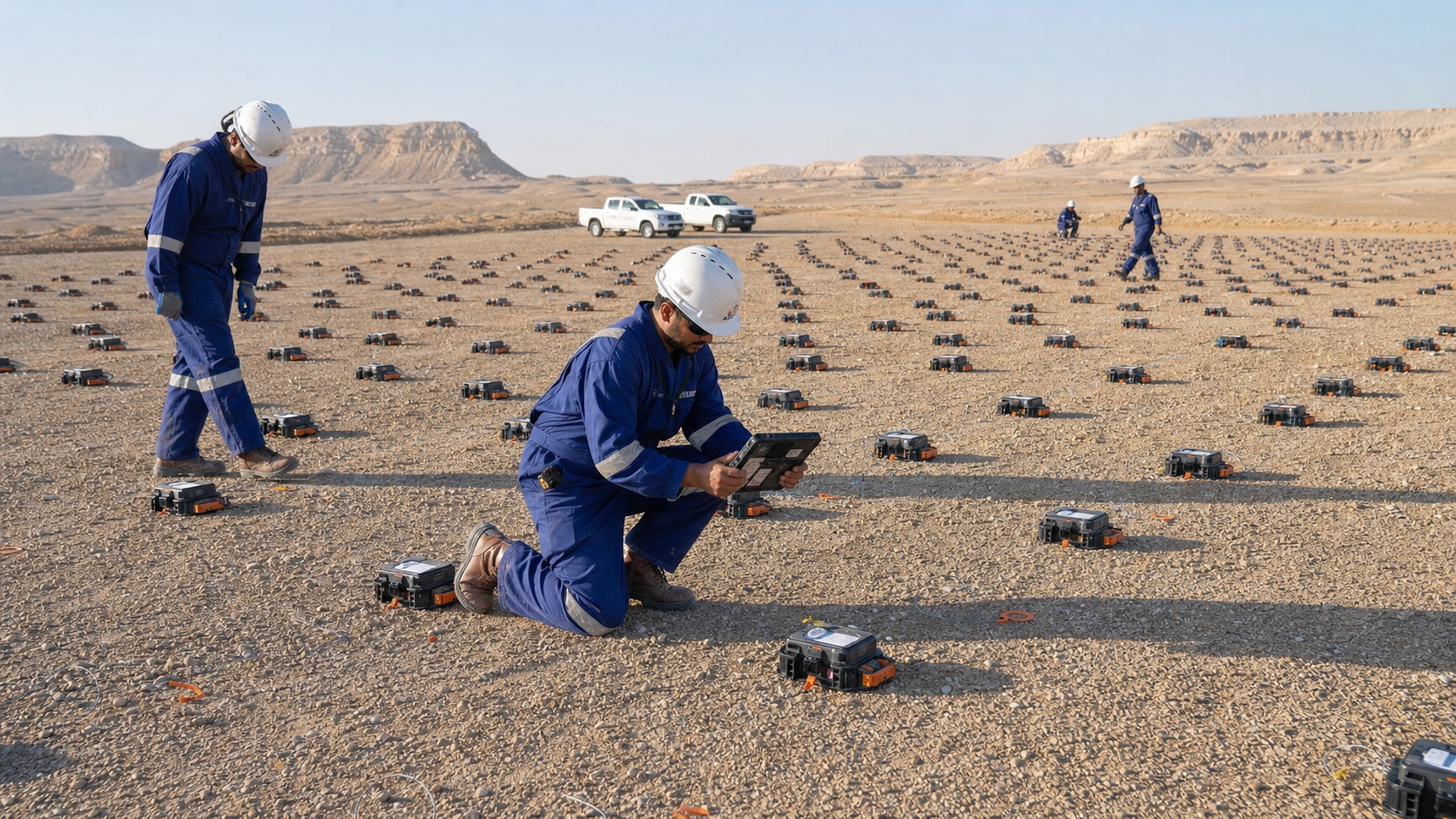 AI-generated illustration of a nodal seismic field operation